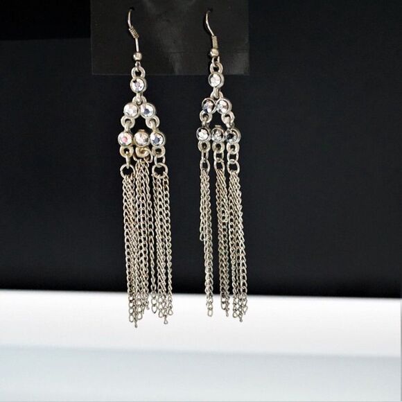 Chain Tassel Dangling Drop Earrings Pierced Silver Tone Metal - Picture 2 of 4